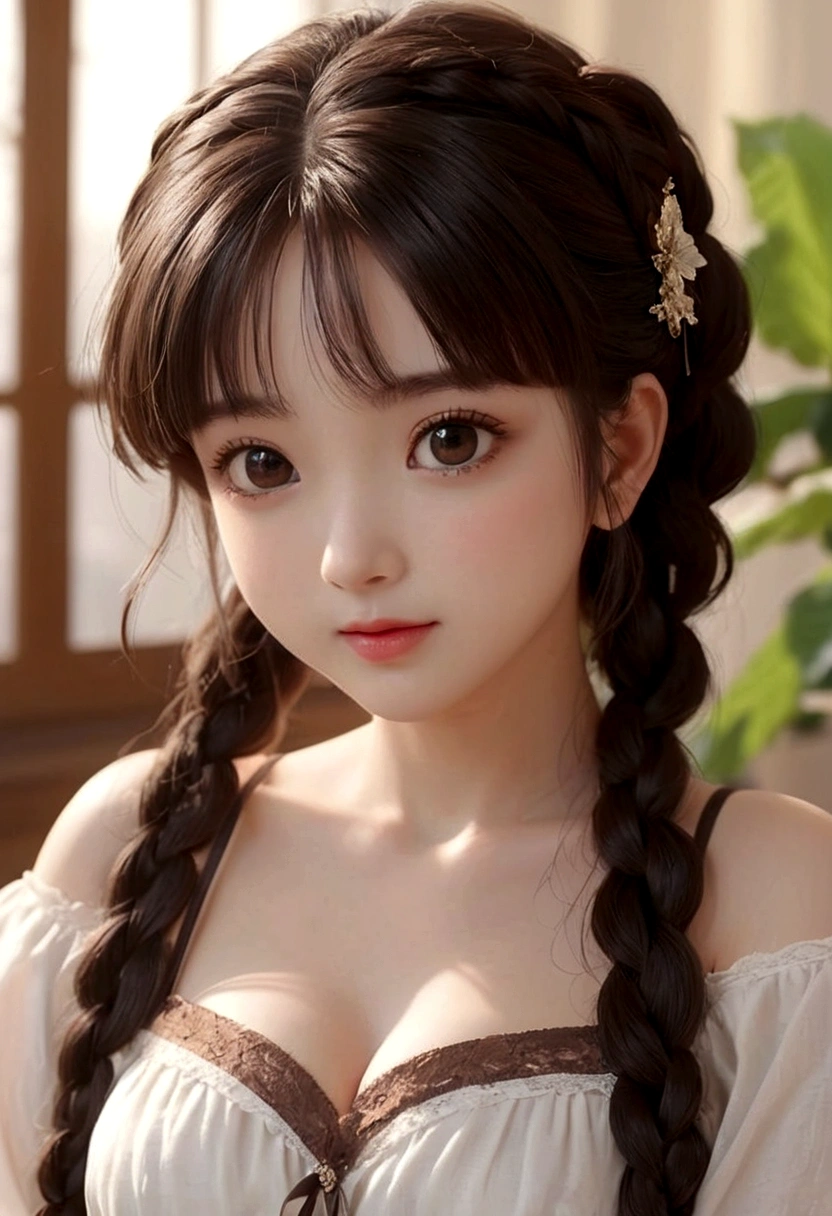 ((best quality, 8K, masterpiece :1.3))***********、 Cute anime style, ,Brown double braids、，solitary,Exquisite eyes, ((Dark brown hair, Large Breasts :1.2)), Beautiful lace lingerie（8K）（HD）（（best quality））， （（Intricate details））， （8K）