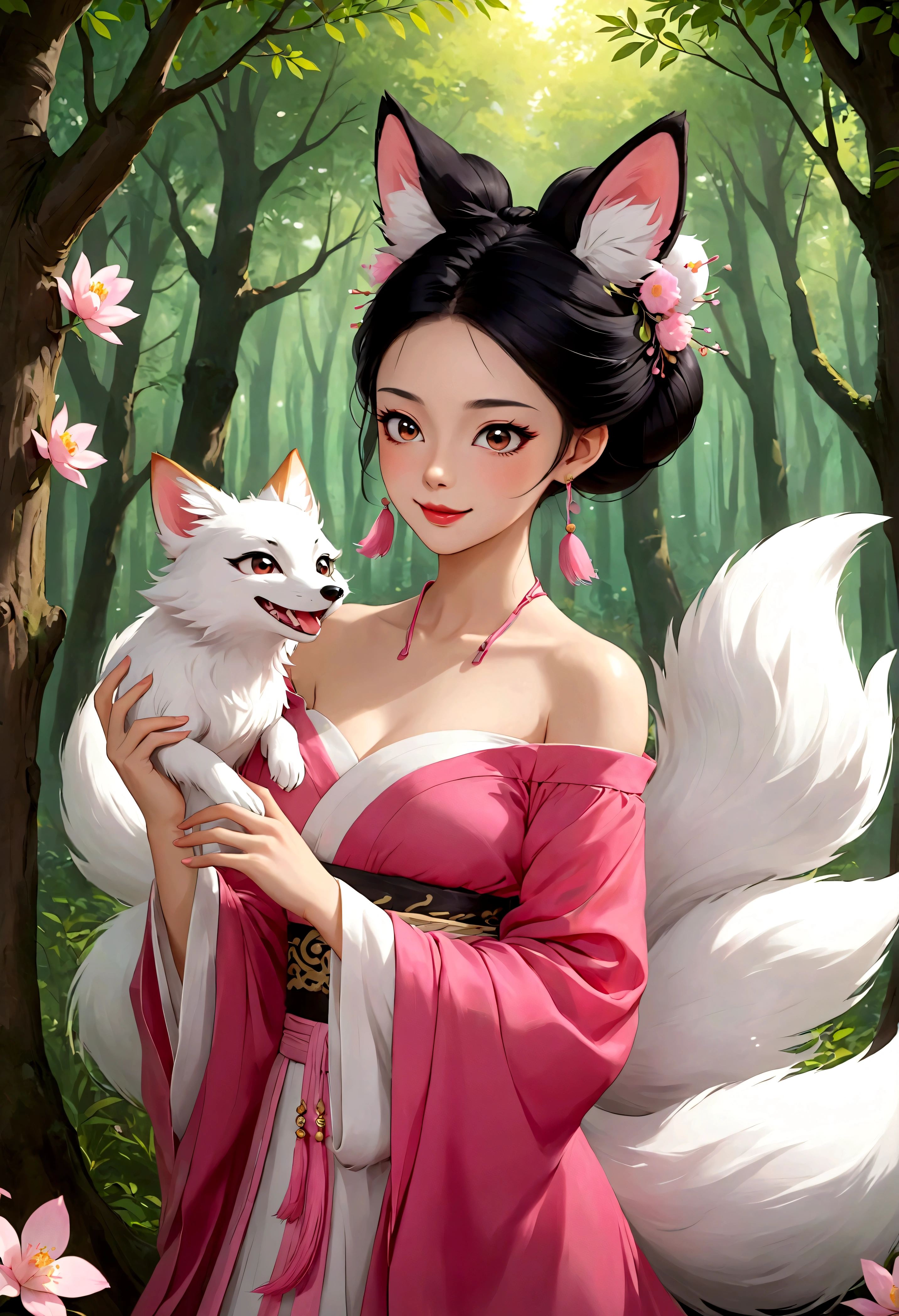 The nine-tailed fox hiding behind a tree，Beautiful face，beautiful eyes，laughing out loud，Fangs，Big fluffy tail，Black high bun，Forehead hair，Pink off-shoulder Hanfu，In the forest，Spells，Petals in the sky，dreamlike