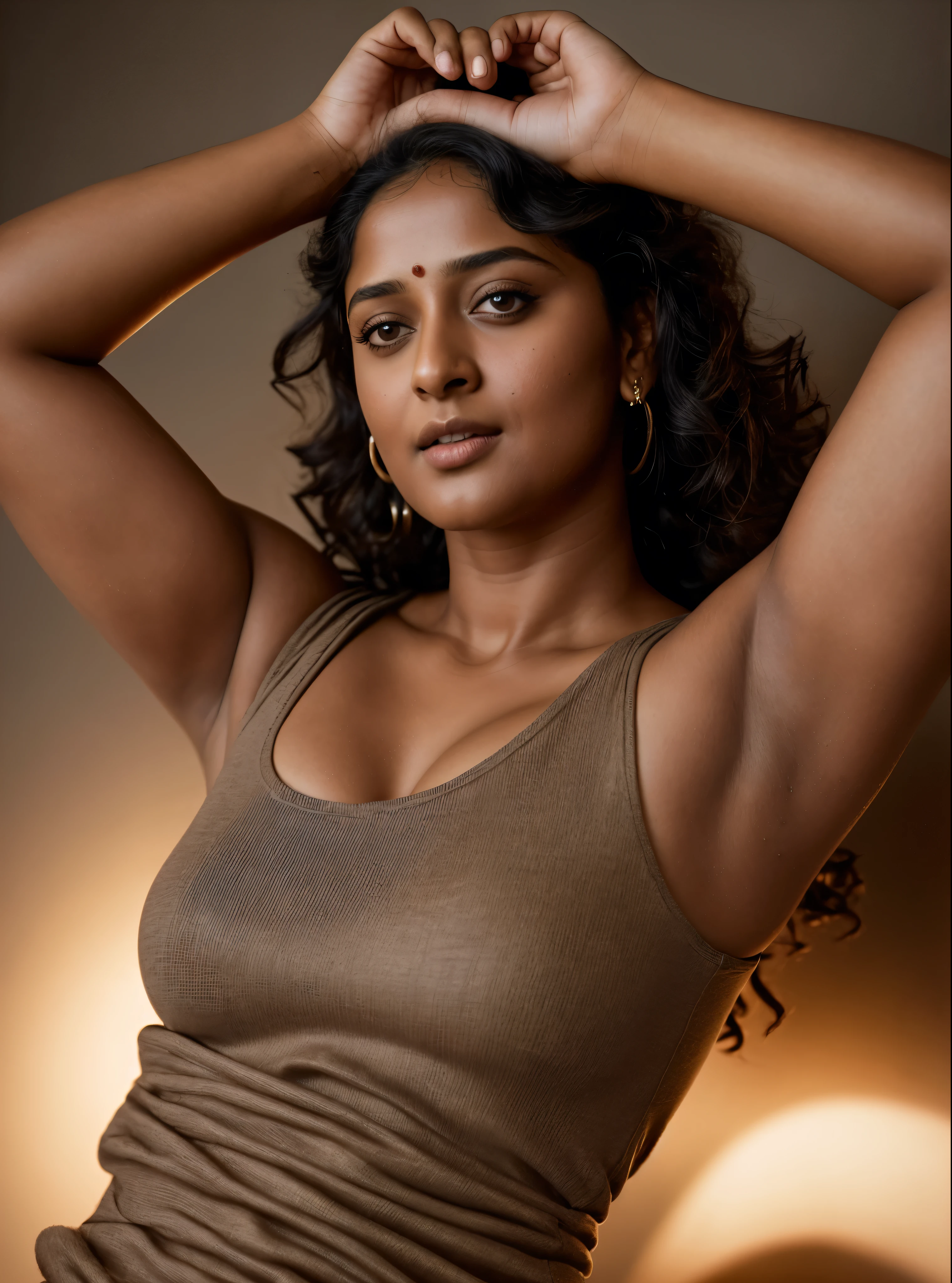 Looks like Anushka Shetty, a photo portrait of a beautiful girl 40 years old, with curls, styled black hair, (face portrait:1.5), dramatic light, Rembrandt lighting scheme, bust shot, linen tank top , top quality editorial photograph, skin texture, skin pores, chocolate skin, high quality skin, top quality photography, professional photography, professional retouching, insane detailing, warm moody tones, modern clothes,