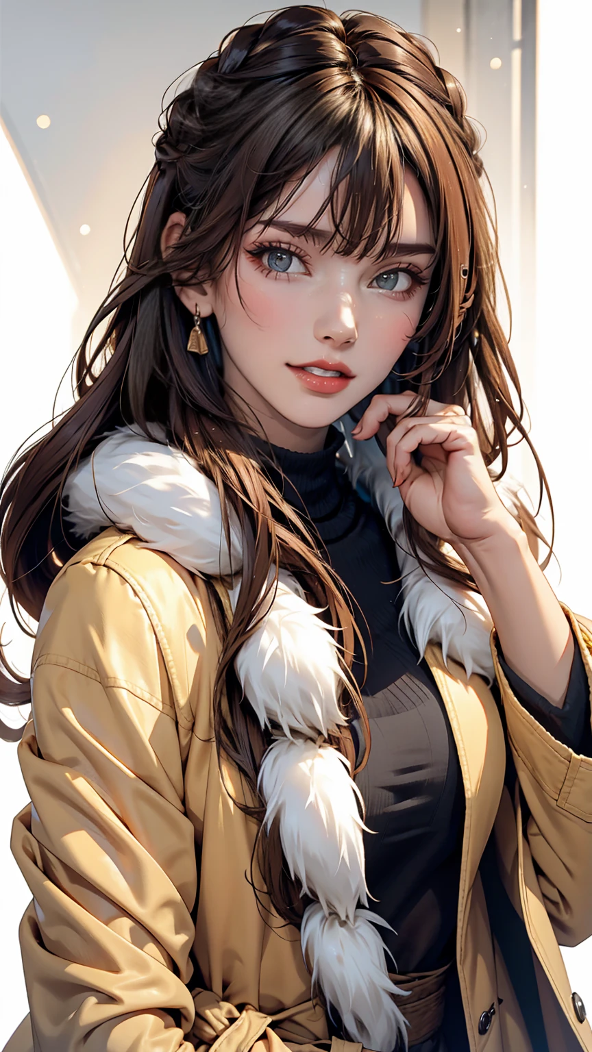osaki amana, One girl, Have, gloines, Long Hair, 一人in, White Background, fur Have, smile, Brown Hair, looking at iniewer, Yellow Eyes, Simple Background, Fur trim, Open your mouth, coat, blush, Winter clothes, Braiding, white coat, in, long sleeines, bangs, swept bangs, teeth