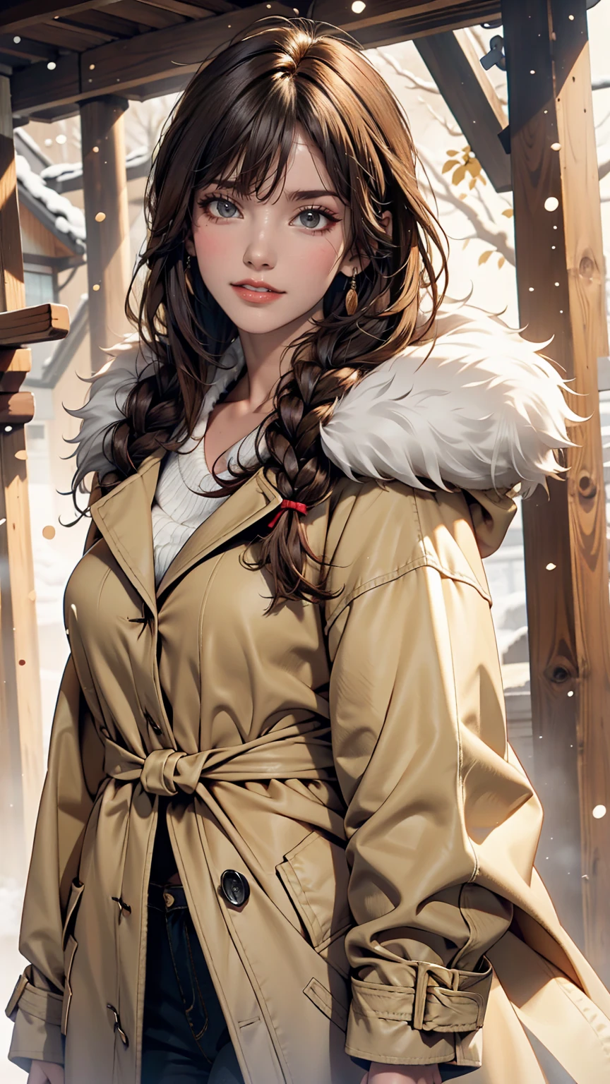 osaki amana, One girl, Have, gloines, Long Hair, 一人in, White Background, fur Have, smile, Brown Hair, looking at iniewer, Yellow Eyes, Simple Background, Fur trim, Open your mouth, coat, blush, Winter clothes, Braiding, white coat, in, long sleeines, bangs, swept bangs, teeth