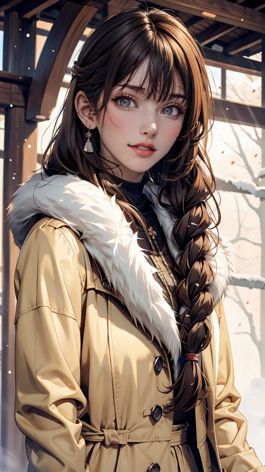 osaki amana, One girl, Have, gloines, Long Hair, 一人in, White Background, fur Have, smile, Brown Hair, looking at iniewer, Yellow Eyes, Simple Background, Fur trim, Open your mouth, coat, blush, Winter clothes, Braiding, white coat, in, long sleeines, bangs, swept bangs, teeth