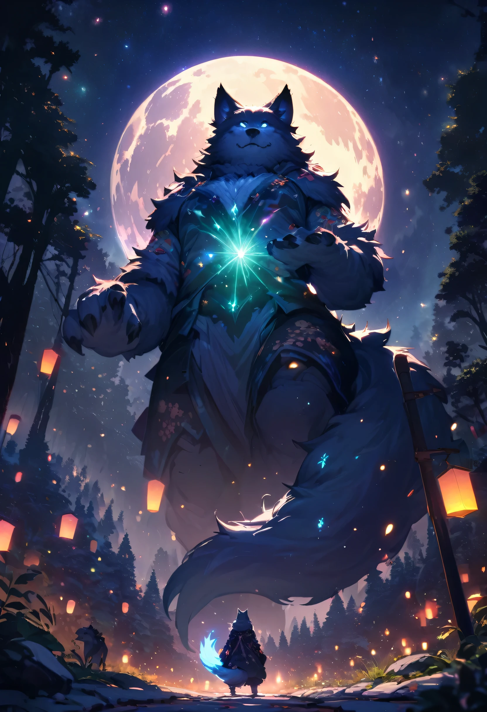 extensive landscape photography (a view from below showing the sky above and an open forest below), woman standing on a paved path looking at the landscape, hairy woman, wolf woman, full fur, magical fur ( particle of light around the wolf woman), full tail, big tail, magic tail, magic hair (long and bushy), heated outfit (made of high quality fur and embroidery), night decor, (full moon: 1.2 ), (shooting stars: 0.9), (nebula: 1.3), (warm light source: 1.2), (Firefly: 1.2), (snowflake: 1.0), (snow on tree) (masterpiece: 1.2), (best quality), 4k, ultra detailed, (dynamic composition: 1.4), highly detailed and colorful details, (iridescent colors: 1.2), (bright lighting, ambient lighting), dreamy, magical, (alone: 1.2)