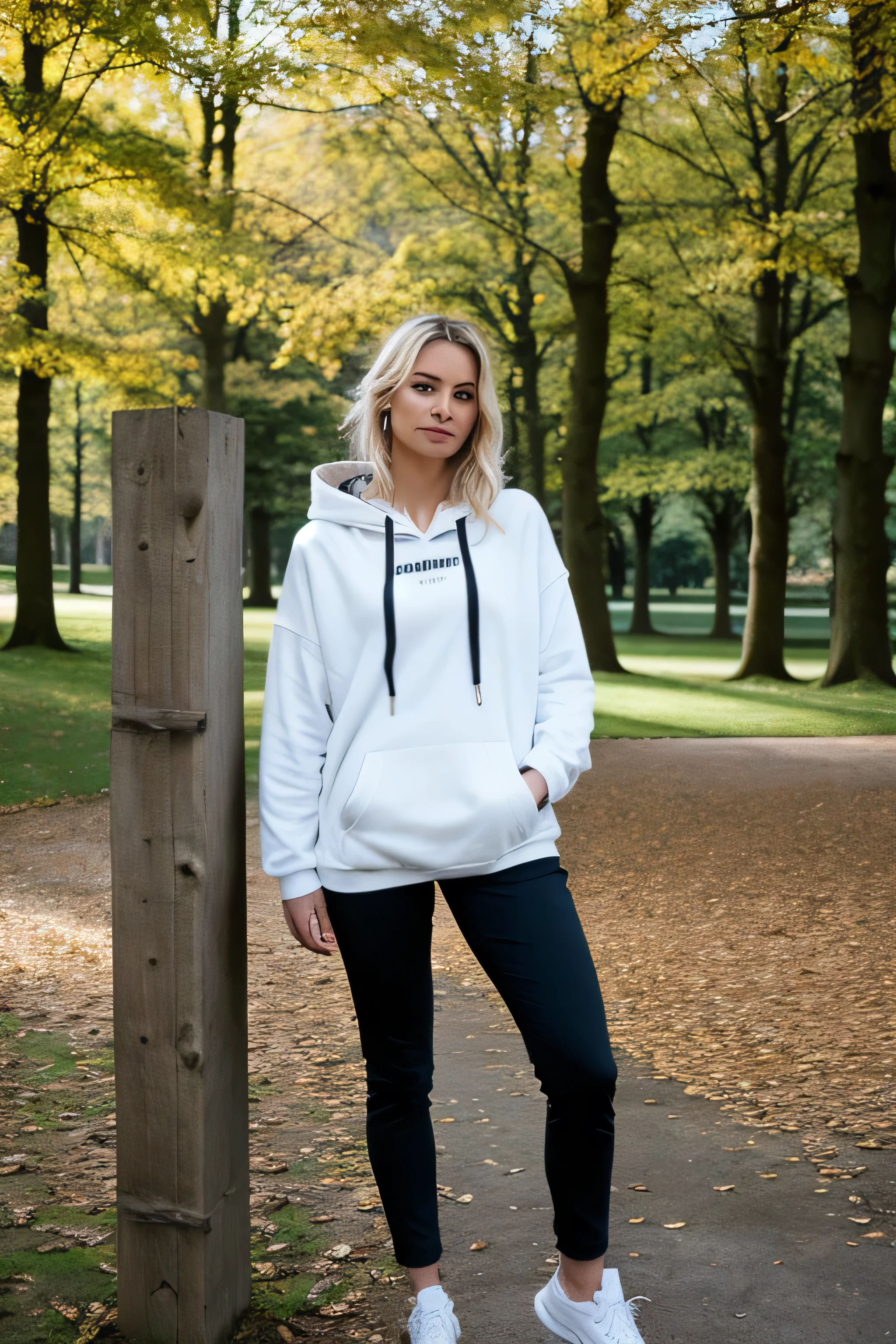 30 years old blonde woman, white hoodie, fit body, black pants, makeup, high detail face, smile, seductive look, high detail hands, high detail eyes, long blonde hair, white skin, ultrarealistic, posing in Birmingham city centre UK, dark shot, full body photo, autumn, aviator glasses