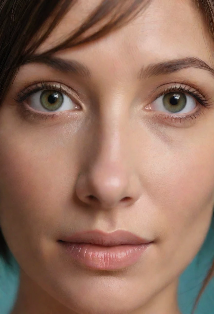 Here's the generated image prompt: Close-up shot of Natalie Imbruglia's face with soft focus effect: almond-shaped eyes slightly slanted upwards at outer corners, defined creases at inner corners giving depth; deep BLUE irises with gREEN rim around pupils. Straight nose with slight upturn at tip, and pert appearance. Narrow nostrils slightly flared, adding to dainty quality. Thin Cupid's bow-shaped lips with subtle curve upwards at outer corners, perpetual hint of smiling. Oval face shape with high cheekbones and defined jawline, striking facial structure. Gentle lighting effect enhances contours, warm glow on skin.
