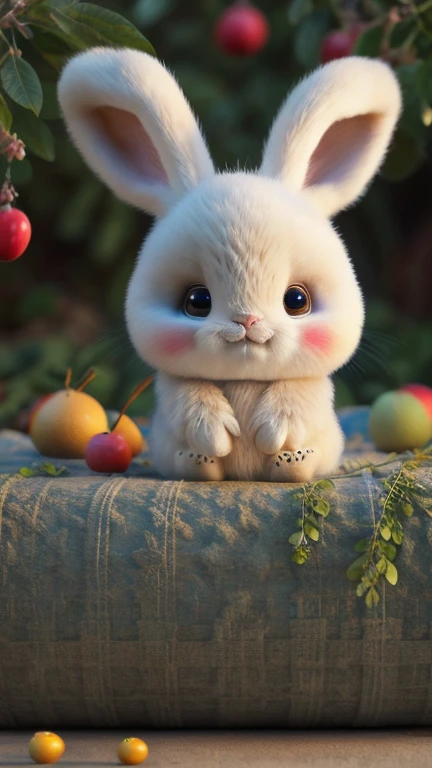 (wallpaper),32K,((Extremely exquisite and beautiful)),(((masterpiece))),(((Best quality))),(((超high resolution))),Realistic shadows,(high resolution),(masterpiece, The award-winning, best quality, high resolution) 3d illustration, 1 cute furry bunny, Random costumes, lying on a bed of juicy and ripe fruits, Surrounded by colorful orchards.