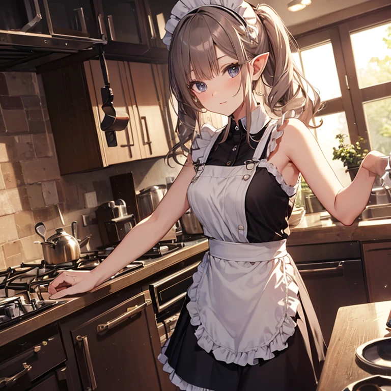 A maid, (in kitchen), various hair styles, night, details face, short skirt, seducing, sleeveless, maid uniform, armpits, elf