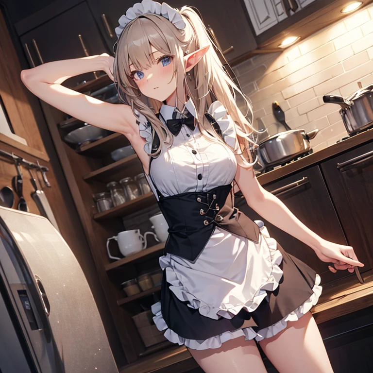 A maid, (in kitchen), various hair styles, night, details face, short skirt, seducing, sleeveless, maid uniform, armpits, elf