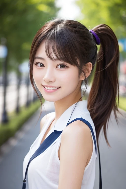 Produce the highest quality and highest resolution 8K images。The model is a 20-year-old Japanese woman.。The image depicts a person smiling at the camera and taking a commemorative photo at a tourist spot.。Draw the upper body of the model。She has brown eyes and a model figure.、She has an idol-level cute face.。The hair is in a ponytail。Skin has a healthy color。Clothes、I&#39;m wearing orange early summer clothes.。