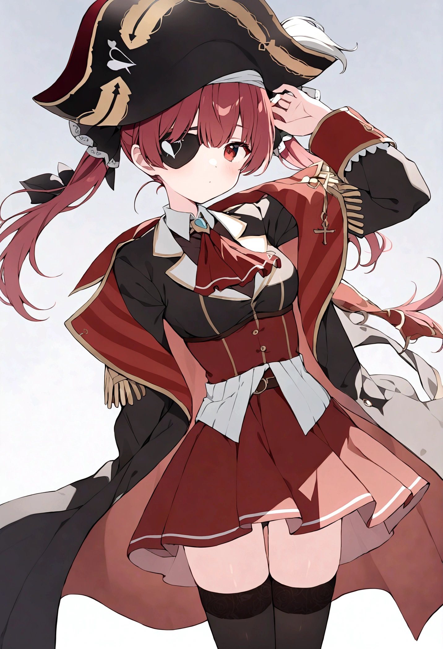 hair ribbon, red ascot, red skirt, belt, leotard under clothes, black leotard, black thighhighs, black coat, pirate hat, eyepatch, red eyes, long shot