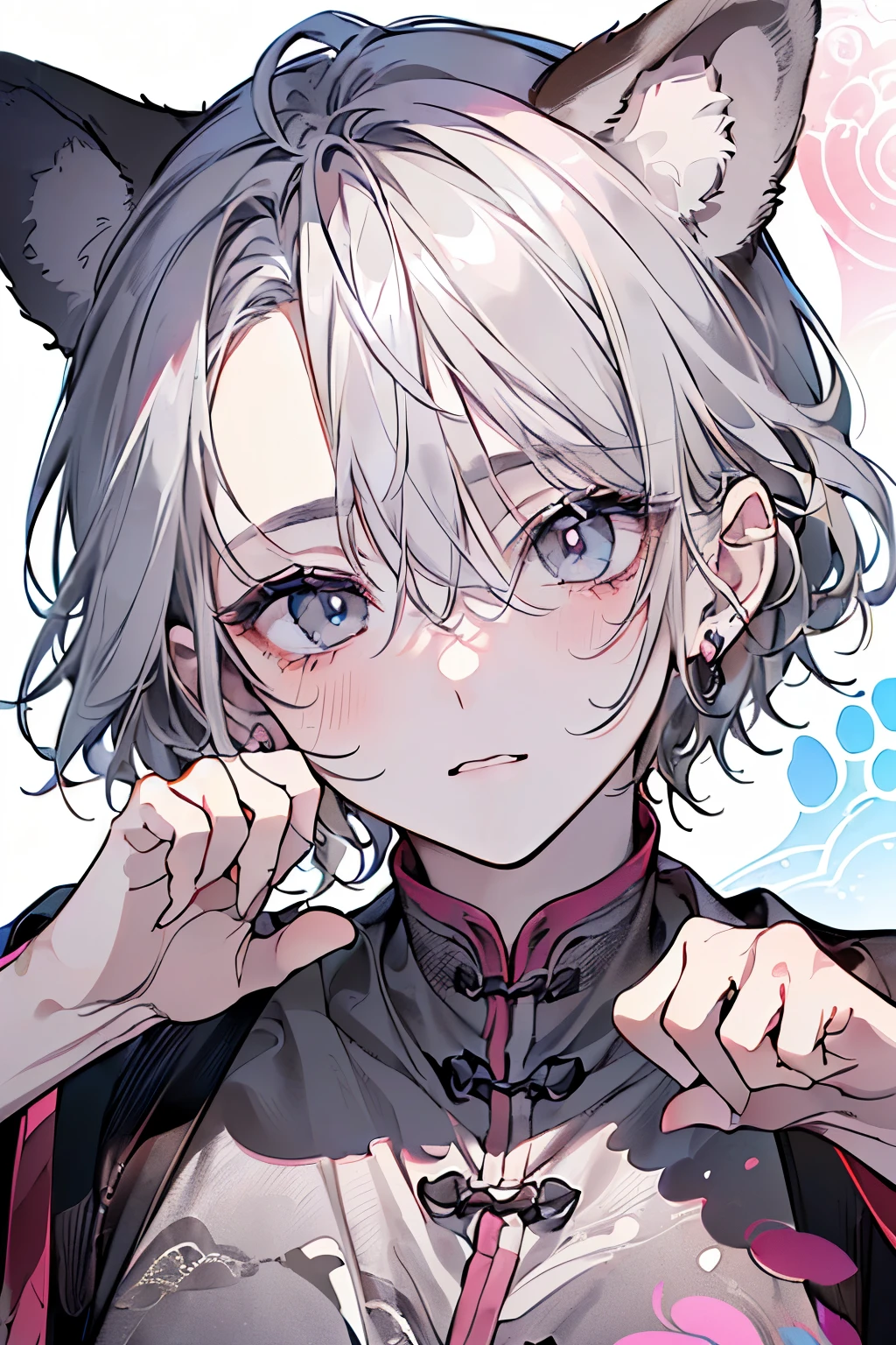 ,(((male:1.3))),((淡いgray hair:1.3)),(Shiny marble eyes:1.45),(forehead mark),(NSFW:1.15),((drooping dog ears:1.2)),(A lustrous, soft face:1.4),((blush、Waiting for a kiss、Excited face:1.2)),((head down:1.3)),(Looking up:1.5),((POP and cute animal footprint background:1.25)),((Gorgeous Arabian costume:1.3)),(black、gray、white、pink),((paw pose:1.4))