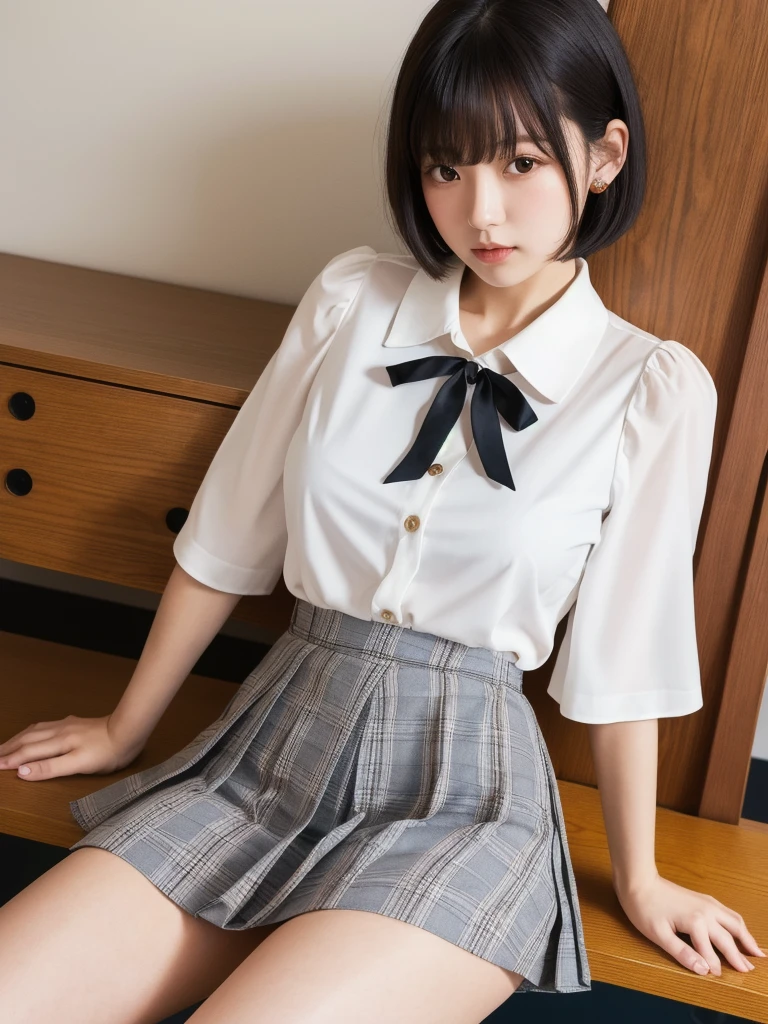 (8k, Photorealistic, Raw photo, Highest quality: 1.4),Japanese idol-style beautiful girl,1 person,17 years old,Hairstyle(Short Bob,Black :1.4),She has her hair tucked behind her ears,Large, clear grey eyes,Long eyelashes,Plump Cheeks,Thin and delicate shoulders,thin abdomen,(Pleated skirt(Plaid)Wearing),(She is wearing a plain white short-sleeved blouse with none of the buttons fastened and the bottom hem hanging down. :1.4),(The chest is wide open and the collarbone and bra are exposed.(Pink)is pictured),Blackの靴下を履いている,School classroom,(Sit on a desk(Legs wide open :1.4)),(Place your hands on your crotch),(Angle from below the front),Full body portrait