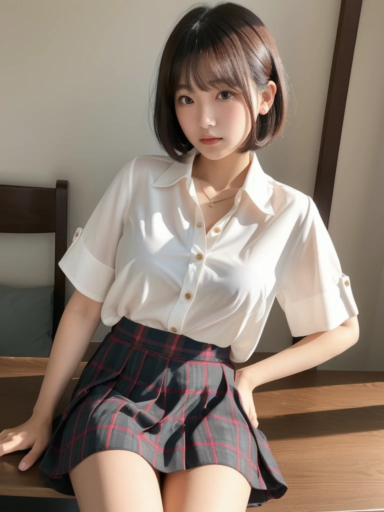 (8k, Photorealistic, Raw photo, Highest quality: 1.4),Japanese idol-style beautiful girl,1 person,,Hairstyle(Short Bob,Black :1.4),She has her hair tucked behind her ears,Large, clear grey eyes,Long eyelashes,Plump Cheeks,Thin and delicate shoulders,thin abdomen,(Pleated skirt(Plaid)Wearing),(She is wearing a plain white short-sleeved blouse with none of the buttons fastened and the bottom hem hanging down. :1.4),(The chest is wide open and the collarbone and bra are exposed.(Pink)is pictured),Blackの靴下を履いている,School classroom,(Sit on a desk(Legs wide open :1.4)),(Place your hands on your crotch),(Angle from below the front),Full body portrait