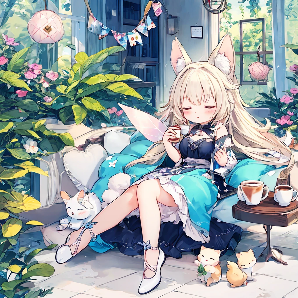 (best quality),(highly detailed),(masterpiece),(ultra-detailed),(absurdres),(((artbook))),((8k_wallpaper)),big ass,Bare thigh,huge_breasts,barefoot, 1girl, solo, animal ears, cat, barefoot,cat ears, short sleeves, grass, short hair, smile, white hair, puffy sleeves, white dress, maid, sunlight, brown eyes, dappled sunlight,petite, outdoors, puffy short sleeves, bangs, full body, tearfully, crying, cats, white-patterned underwear