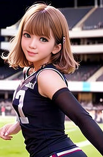 (8k, RAW Photos, highest quality, masterpiece: 1.2), masterpiece, Super Detail, Ultra-high resolution energy A, (Realistic and photorealistic photography: 1.37), High-resolution RAW color photos, Very delicate and beautiful., About Igree, 8k Wallpaper, Amazing, detailed, 非常にdetailedな目, 非常にdetailedな皮膚, 非常にdetailedな指, 非常にdetailedな鼻, 非常にdetailedな口, Perfect Anatomy,One Girl, (Sexy American Football Uniforms), mini skirt,Big ample breasts,Slender,Tight ass,stockings,Keep your mouth shut、Laughing happily、Large Eyes、Clear double eyelids、eyelash、Long neck、Absolute area、Beautiful collarbone、Perfect Face、Thin lips、Small Face、(Focus on the viewer、Eye highlights、Light brown eyes、Apply gloss to your lips) , (american football stadium:1.4) gem, Cute Smile,short hair, alone, 18-year-old、Gravure idol pose, Perfect lighting,Dynamic Angle, (Intense tackles:1.6),American football game,