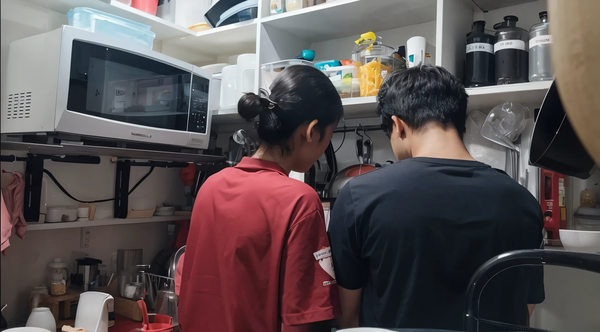 Can you make the surroundings minimalist kitchen and keep us in the frame