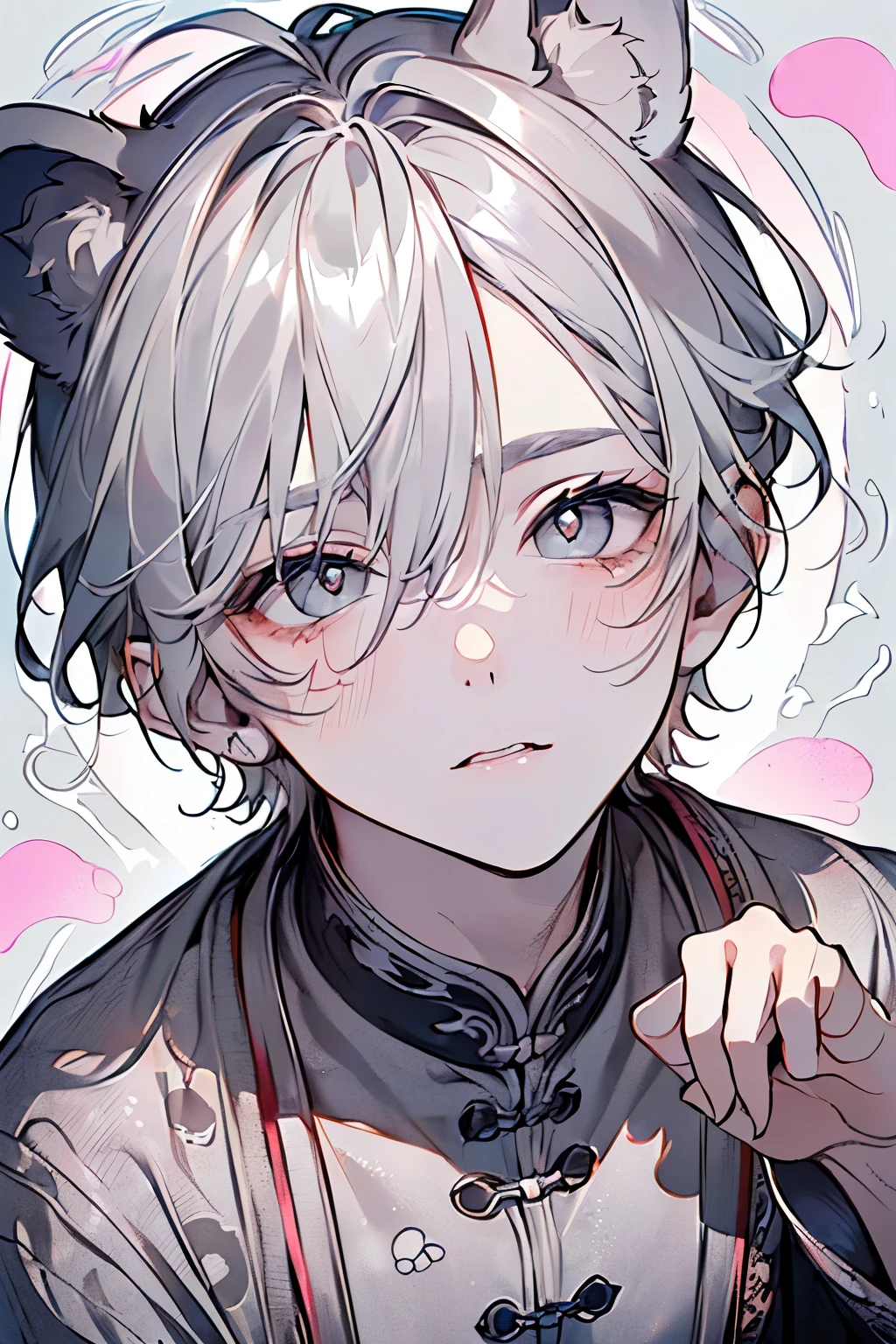 ,(((male:1.3))),((淡いgray hair:1.3)),(Shiny marble eyes:1.45),(forehead mark),(NSFW:1.15),((drooping dog ears:1.2)),(A lustrous, soft face:1.4),((blush、Waiting for a half-open kiss、Excited face:1.2)),((head down:1.3)),(Looking up:1.5),((POP and cute animal footprint background:1.25)),((Gorgeous Arabian costume:1.3)),(black、gray、white、pink),((paw pose:1.4))