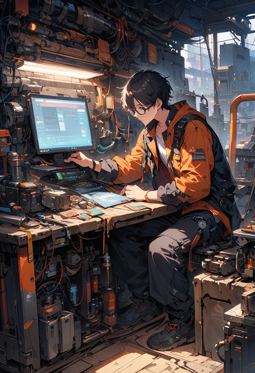 Ridiculous resolution, high resolution, (masterpiece: 1.4), Ultra Detail, Young man with messy short black hair and glasses dressed as welder, A very high-tech robotic arm workbench