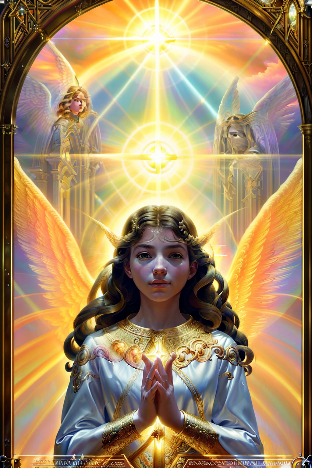 Breathtaking compositional masterpiece, ultra high resolution, (realism: 1.5), celestial scene, best quality, fine art photograph, epic, mythical, (ethereal lighting: 1.4), angelic radiance, closed composition, three archangels, intricate details, wings spread in full glory, dramatic pose, divine aura, serene expression, (heavenly beauty: 1.3), mixed media, (celestial textures: 1.2), HDR, (detailed featherwork: 1.1), cinematic, photoreal, (high contrast, vibrant colors: 1.2), masterpiece, sacred