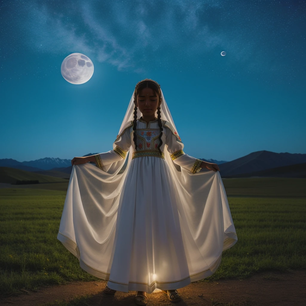 Highest quality、high quality、、Brightly embroidered ethnic costumes from Central Asia and the Caspian Sea region、Girl of the bride、Moonlit Grassland、moonlight、Long dress