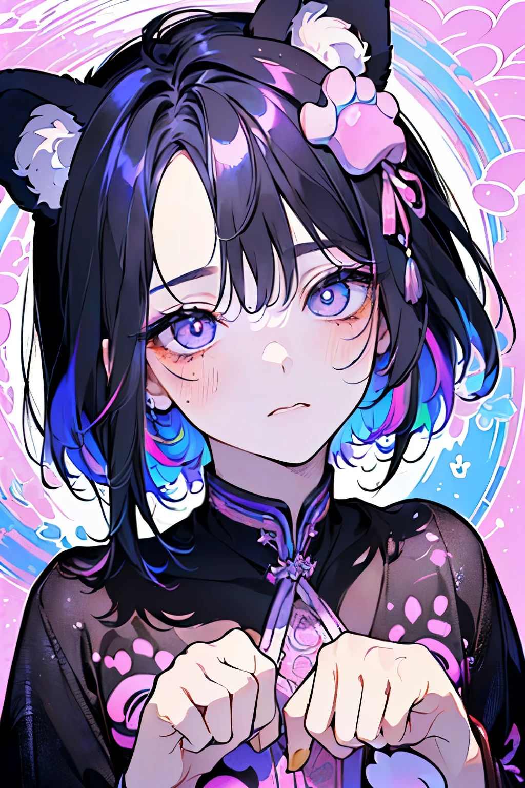 ,(((male:1.3))),((Rainbow hair:1.3)),(Shiny marble eyes:1.45),(forehead mark),(NSFW:1.15),((drooping dog ears:1.2)),(A lustrous, soft face:1.4),((blush、Waiting for a half-open kiss、Excited face:1.2)),((head down:1.3)),(Looking up:1.5),((POP and cute animal footprint background:1.25)),((Gorgeous Arabian costume:1.3)),(black、purple、white、pink),((paw pose:1.4))