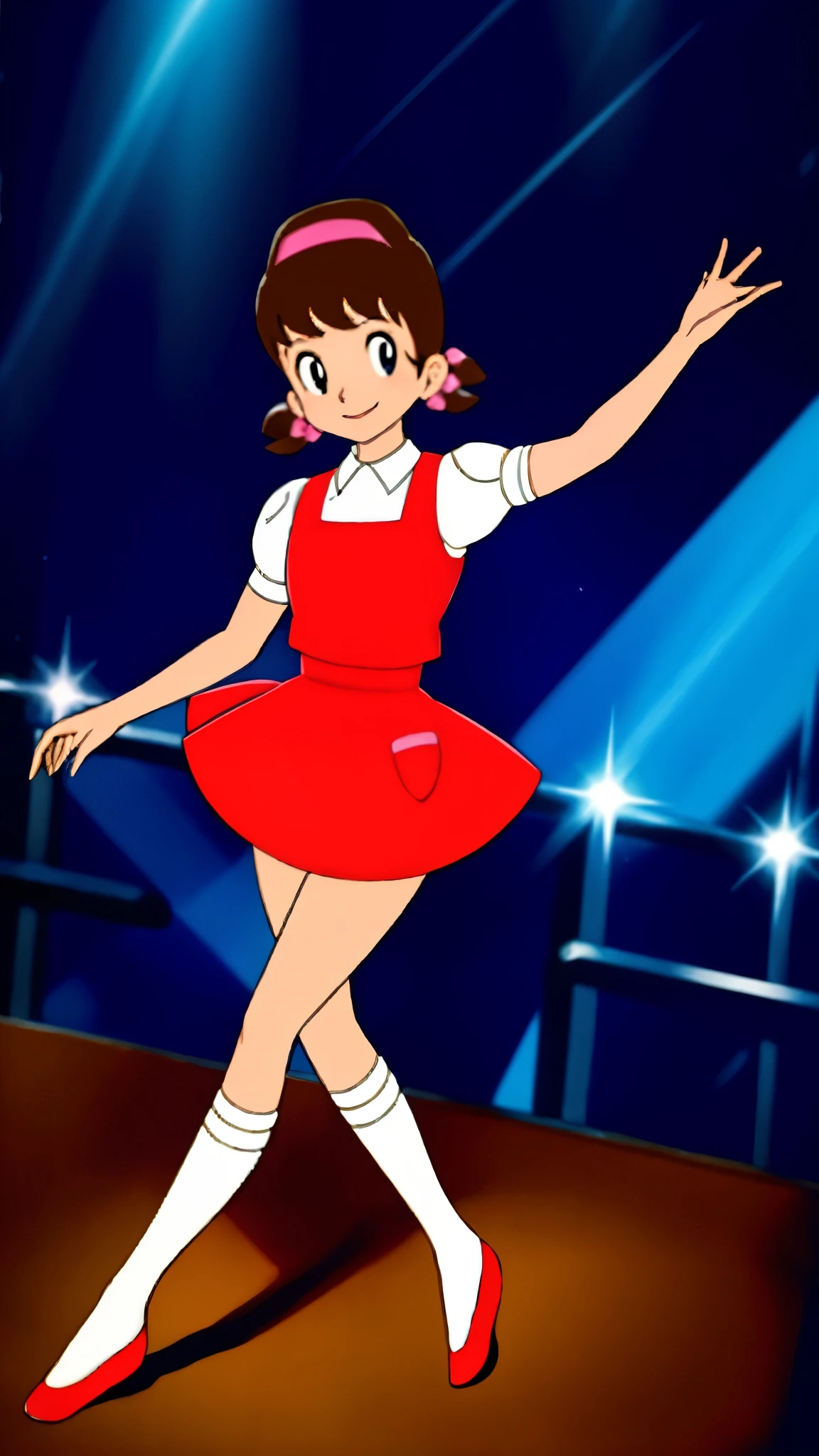 masterpiece, highest quality, alone,1 girl,looking at the viewer,School, cowboy shot,anime style,
akkochan,smiling、Live Performance Venues、Dancing on stage、Go-go dancing、Raising his leg、