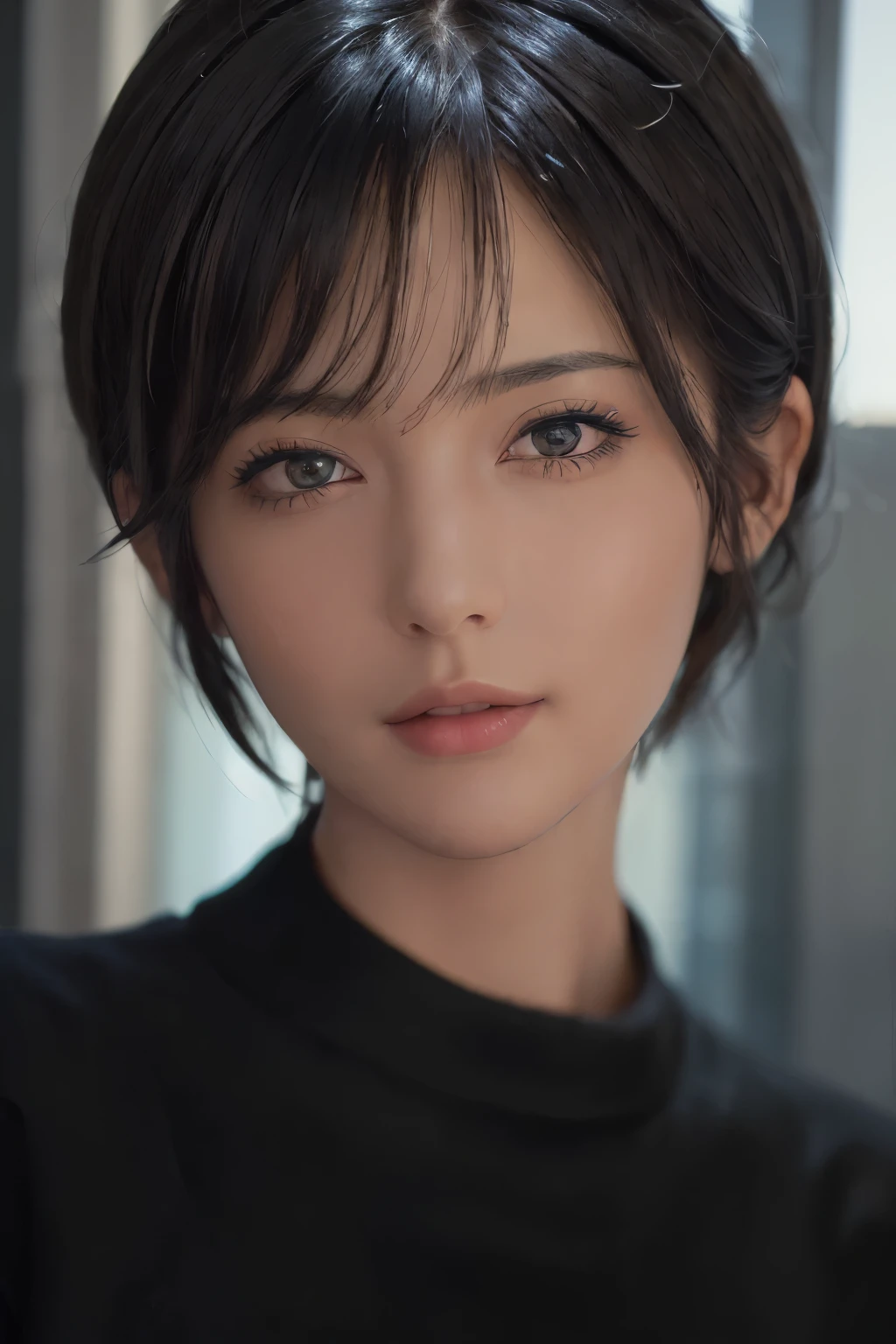 (masterpiece:1.3), (8k, photorealistic, RAW photo, best quality: 1.4), (1girl), beautiful face, (realistic face), (black hair, short hair:1.3), beautiful hairstyle, realistic eyes, beautiful detailed eyes, (realistic skin), beautiful skin, (sweater), absurdres, attractive, ultra high res, ultra realistic, highly detailed, golden ratio