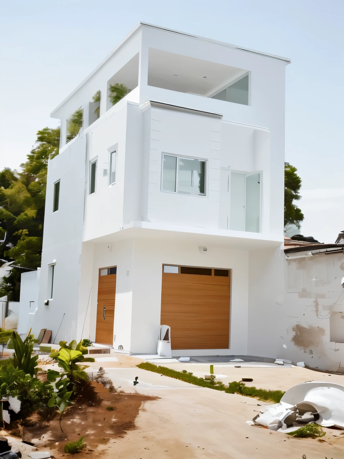 Modern style, white painted walls, wooden first floor door