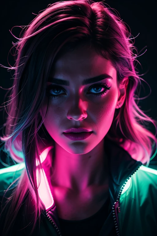 fashion portrait color photograph, woman, neon lights