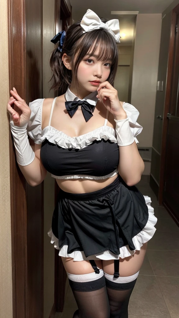 masterpiece, best quality, illustration, Super detailed, fine details, High resolution, 8K,wall paper, perfect dynamic composition,(Details High quality, realistic depiction of eyes:1.3), short hair, (wavy hair:1.2), SFW, huge breasts, hotel room, (bow ribbon, Maid, knee high socks:1.3), Aside Cutter Shirt, frill skirt, Large breasts, Don't expose it, ponytail,  black hair color, Big Natural Color Lip, perfect body shape, bold sexy pose, crying a little、Harajuku style、20 year old girl、cute type、lolita、beautiful legs, full body photo、focus on crotch, hposing Gravure Idol