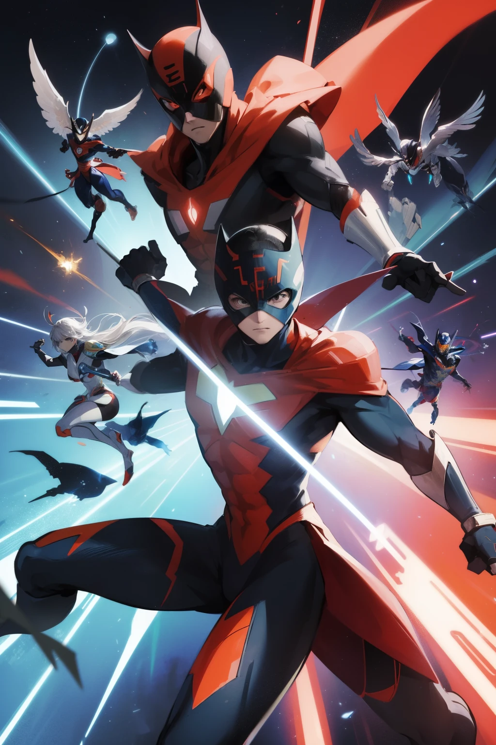 Gatchaman, (Masked superheroes), Iconic heroes, The Guardians of Earth, Science Ninja Team,
(Stunning superheroes), (Vibrant colors), Space-themed costumes,
Sleek gauntlets and helmets, Silver and blue agile figures,
(Incredible detail), (Capital city backdrop), Defending humanity with courage,
Spectacular pose, Iconic "KEN", "Joe", "Jun", "Kenichi", and "Jinpei",
Patrolling the skies, Ready to battle the evil Galactor,
Stunning visual treat, (Colorful animation),,
Formations of spark