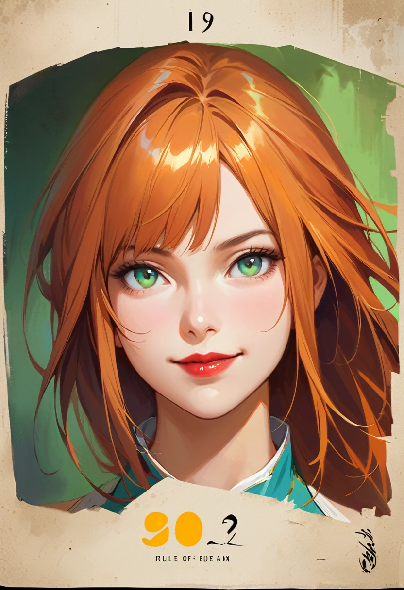 Portrait of a beautiful girl, Small Breasts, Complex dress, Gentle smile, red lips, ginger hair, Green Eyes, realism, number, concept art, Smooth, Clear focus, Rule of Thirds, Style Fan