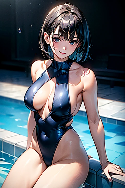 (masterpiece、highest quality、High resolution、Realistic depiction)
Swimmer Long black hair girl (short hair)
Coming up from the pool、The gesture of tucking hair behind the ear、Smiling、Water droplets on the body、Top view、High leg competitive swimsuit(Blue line on black background)
The body lines are emphasized、Moderately large breasts(Not big breasts) Cleavage Emphasis、