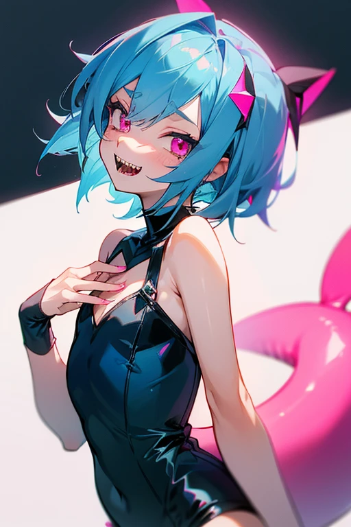 solo femboy, cute boy, blue hair, short hair, pink eyes, sharp teeth, femboy, cute suzumizu, shark tail, flat chest, cute, sweet