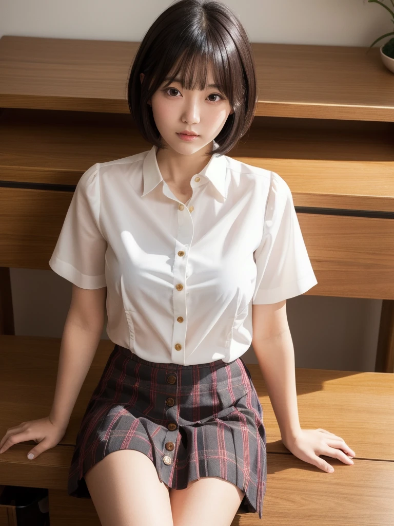 (8k, Photorealistic, Raw photo, Highest quality: 1.4),Japanese idol-style beautiful girl,1 person,,Hairstyle(Short Bob,Black :1.4),She has her hair tucked behind her ears,Large, clear grey eyes,Long eyelashes,Plump Cheeks,Thin and delicate shoulders,thin abdomen,(Pleated skirt(Plaid)Wearing),(She has a plain white short-sleeved blouse on, with all the buttons undone and the hem left untucked. :1.6),(The chest is wide open and the collarbone and bra are exposed.(Pink)is pictured),Wearing Black socks,School classroom,(Sit on a desk(Legs wide open :1.6)),(Place your hands on your crotch),(Angle from below the front),Full body portrait