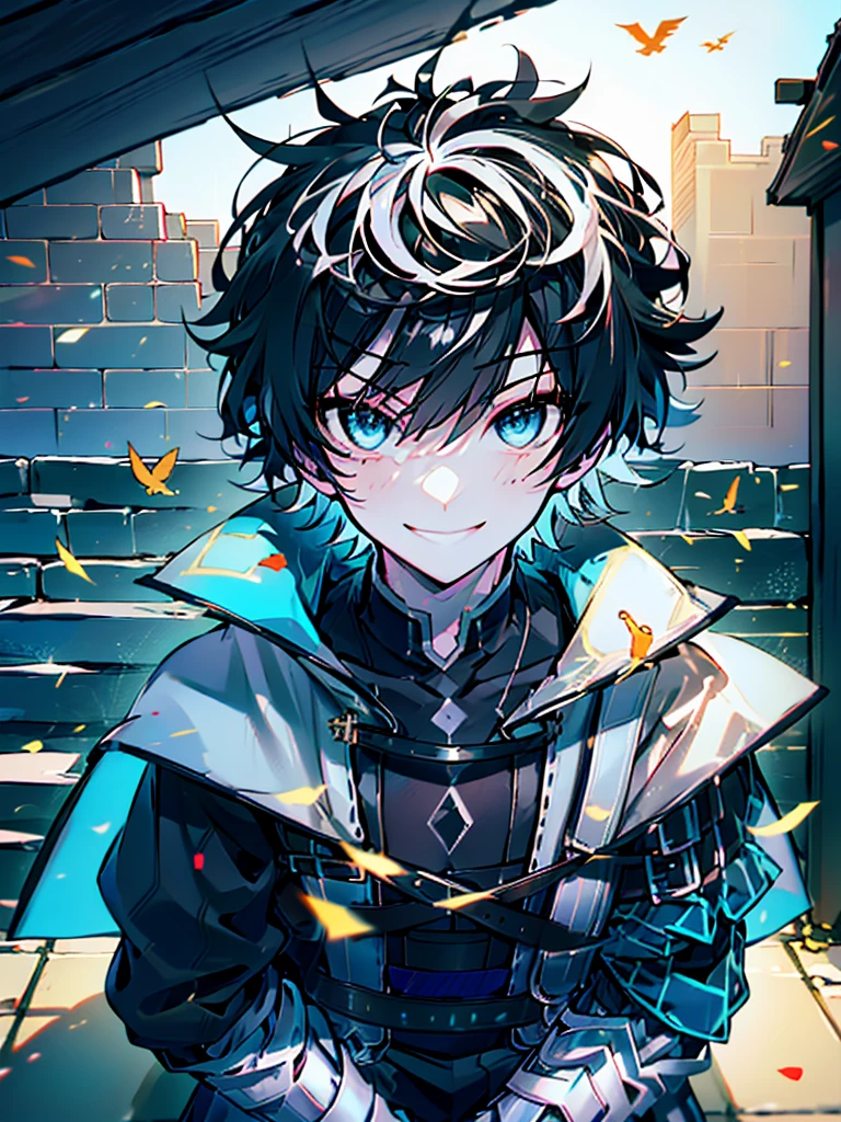 ((absurdres)), hd, uhd, (((HDR))), ((best quality)), (ultra high quality), (hi-res), (cowboy shot), (from above), ((1boy)), charlemagne, black hair, blue eyes, multicolored hair, two-tone hair, ((happy expression)), (smiling), cute, looking at camera, ((sitting turned sideways)), wall, stairs, ((head tilted towards camera)), (dynamic), medieval city, outside, medieval buildings, cobblestone sidewalk, daytime, additional lighting, sunlight on face, noon, bright sun, medieval city scenery, birds, 