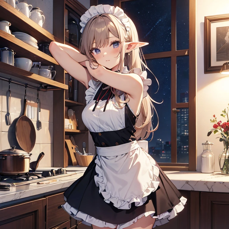 A maid, (in kitchen), various hair styles, night, details face, short skirt, seducing, sleeveless, maid uniform, armpits, elf