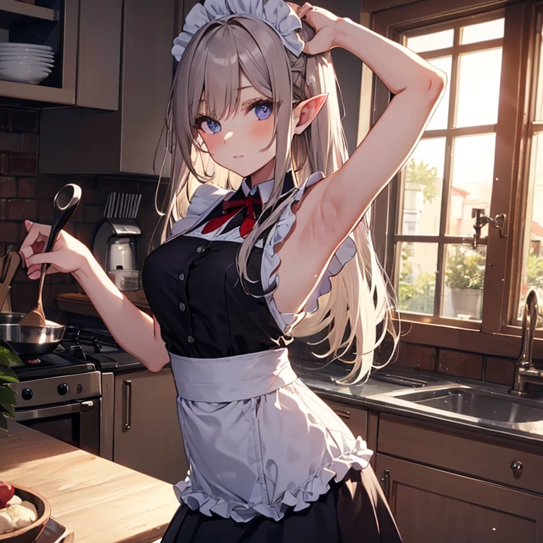 A maid, (in kitchen), various hair styles, night, details face, short skirt, seducing, sleeveless, maid uniform, armpits, elf