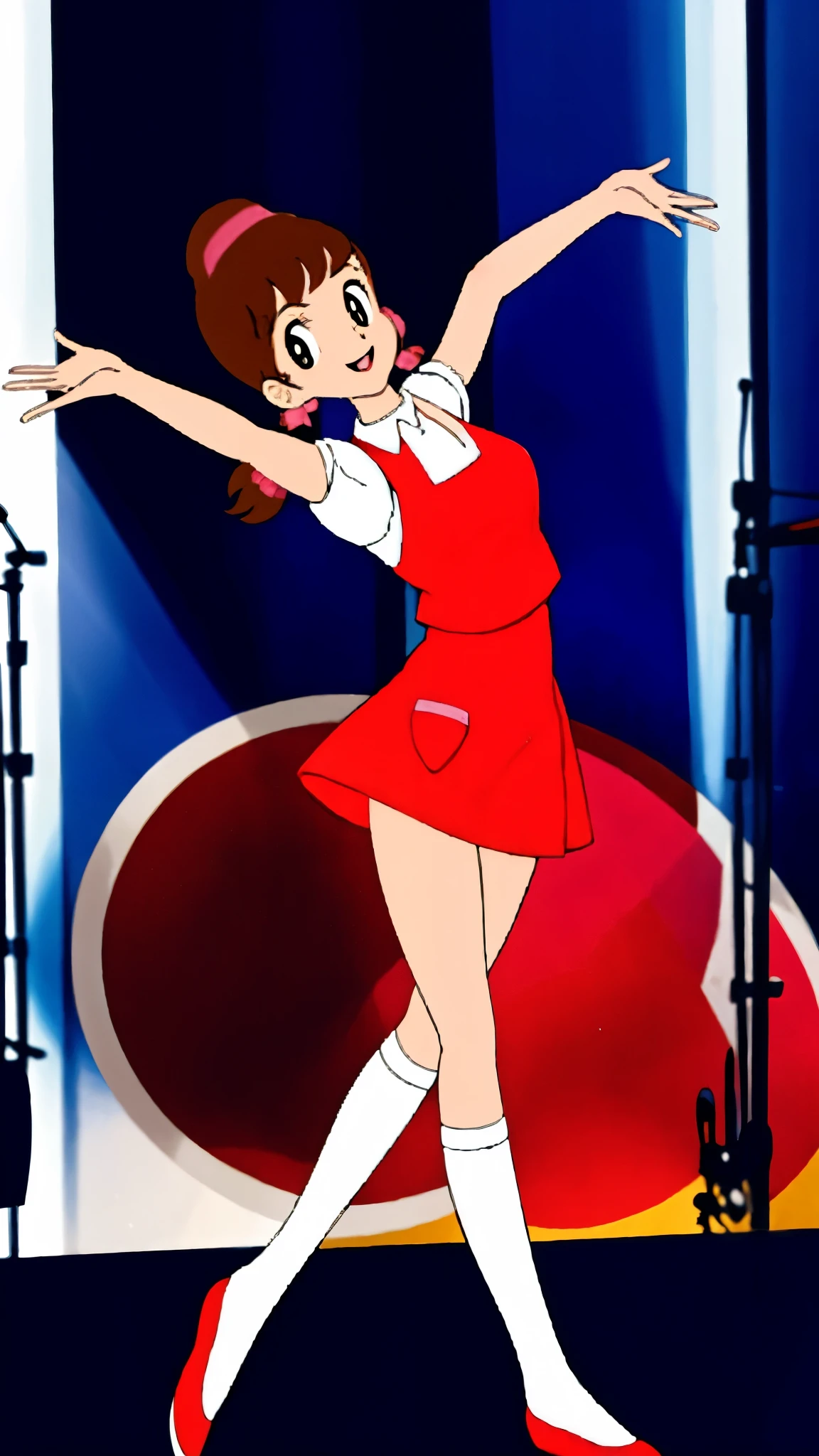 masterpiece, highest quality, alone,1 girl,looking at the viewer,School, cowboy shot,anime style,
akkochan,smiling、Live Performance Venues、Dancing on stage、Go-go dancing、Raising his leg、Large breasts、