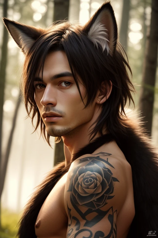 4k, high resolution, best quality, masterpiece, perfect color, perfect shade, perfect lighting, Posted by e621, ((portrait)), ((handsome man)), perfect male figure, Short hair details,Naked torso,Detailed face, perfect face, (stood up), Detailed background, ((Bonifasco Lighting)), (delicate eyes),(animal ears:fox),((big fluffy tail)),tattoo,((forest)),emaciated
