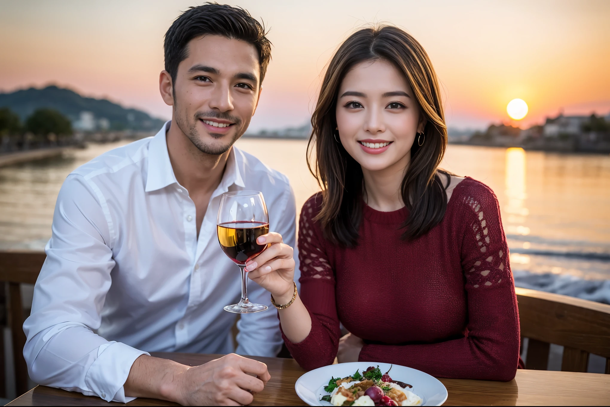 ((highest quality、8k、masterpiece:1.3))、 (Genuineistic, Genuine、Bright image、Intricate details:1.2), Best smile 1 man 1 woman、Beautiful Couple、lover、Engaged Couple、family、actress、model、Smile、full-course dinner、 (Slim face), (The body is slim), (Brown Hair), (short hair), テーブルの上のwine glass、Please shine a light on my face、 Amazing view of the sunset sky and clouds、 (Age 37), 41 years old, red wine 、Appetizers、Wine bottle、sparkling wine、Long sleeve shirt、dress、White wine, red wine, wine glass, 