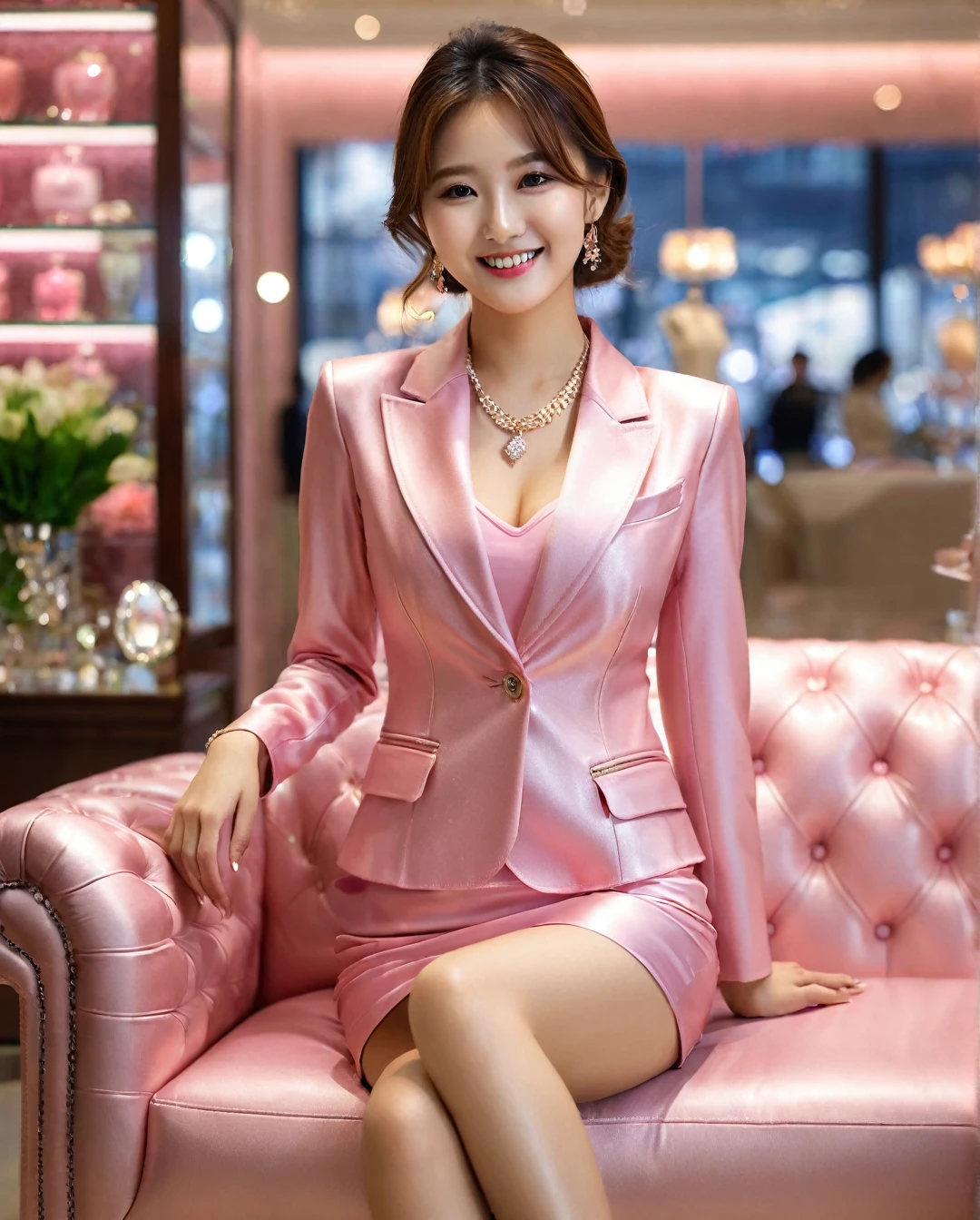 Full body,side view of beautiful korean female, 31 inch breasts size, Cheerful smile , Tight suit、Wearing a blazer(Leather pink color)、Tight short Skirt(Leather pink color)、Realistic silk texture,Slim fit , Sexy Sitting on a sofa in a luxury dimond jewelry store,bokeh background, UHD