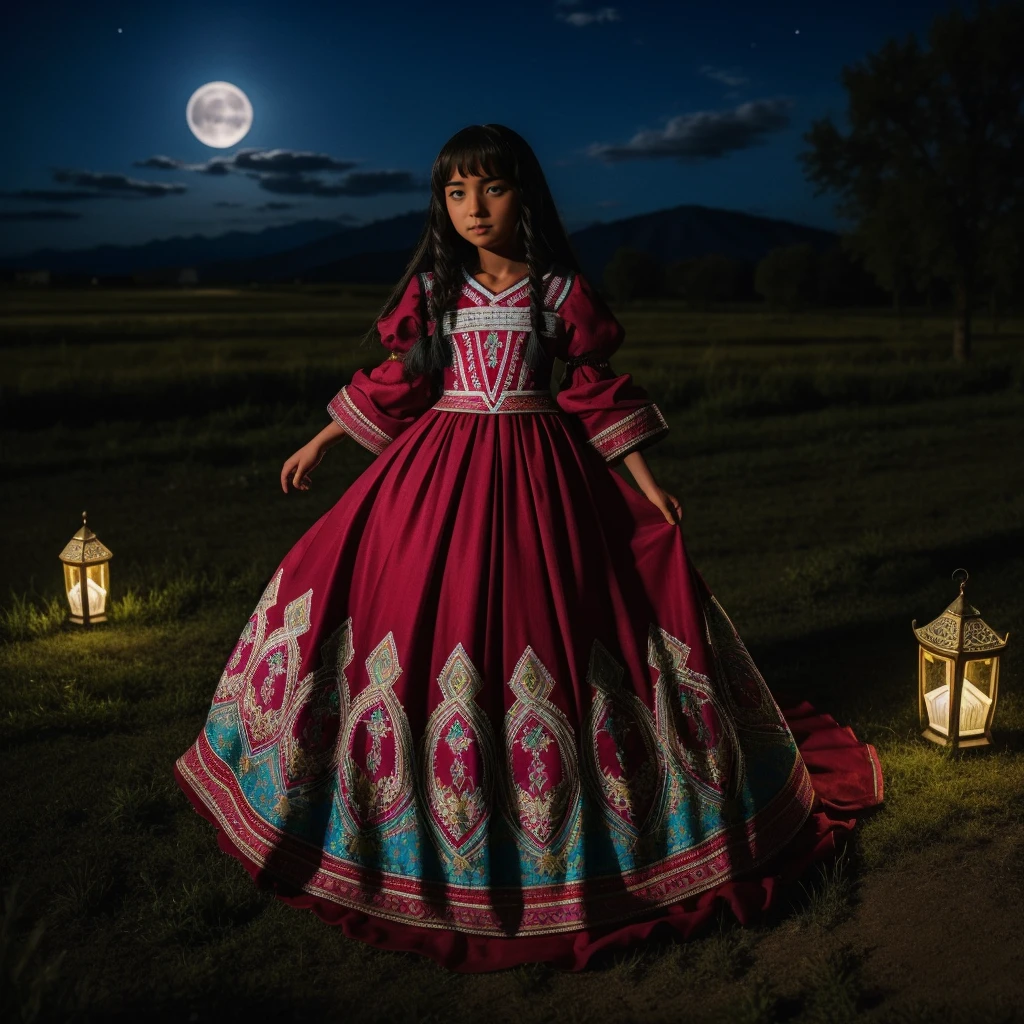 Highest quality、high quality、10 years old、Brightly embroidered ethnic costumes from Central Asia and the Caspian Sea region、Girl of the bride、Moonlit Grassland、moonlight、Long dress
