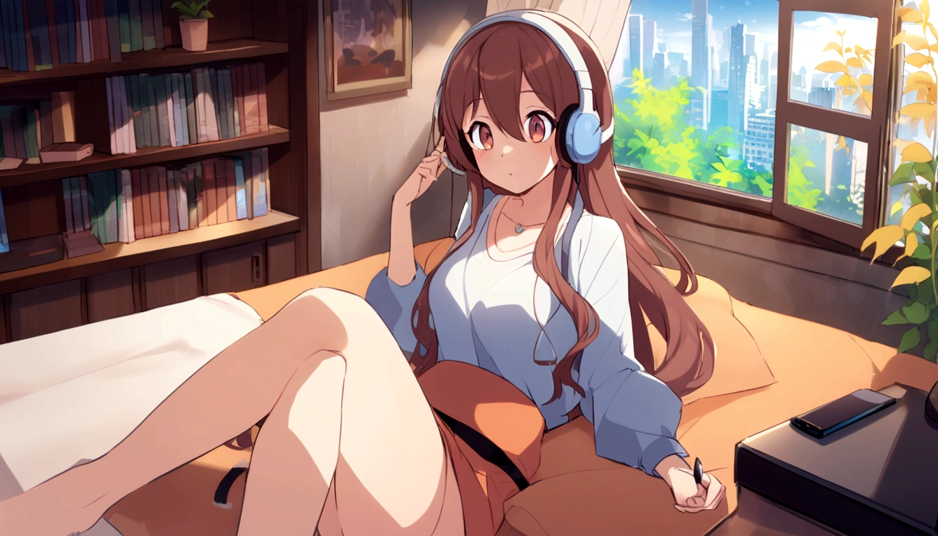 Feminized Maple Manyo, night sky outside the window, reading a book seriously while listening to music on headphones on the bed in the room, girl with long hair, big eyes, city pop style fashion.