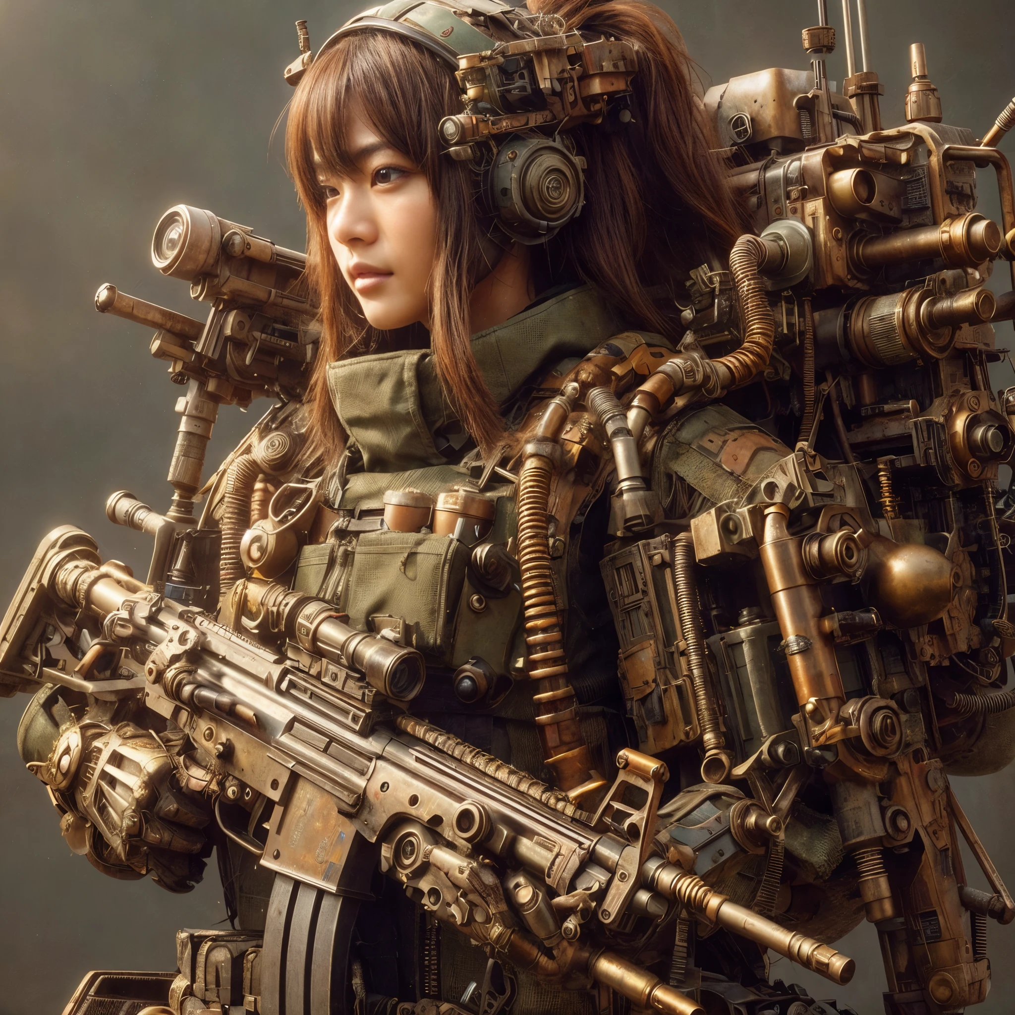 8k,Realistic Photo, Realistic Skin Texture, Superrealism, (WWII-like mechanical suit:1.2), collapsed city, heavy weapons,vivid textures,animal legs, gradation hair, japanese female soldier,(ultra beautiful face), ((super realistic all textures)), ((super intricate all details)), full body shot, ultra sharp photo result, Olive Drab color, scratch, Rust, weathering, steampunk, taken with Fuji film X-T30+Nokton. HDR10,Minimum of 4 pieces created