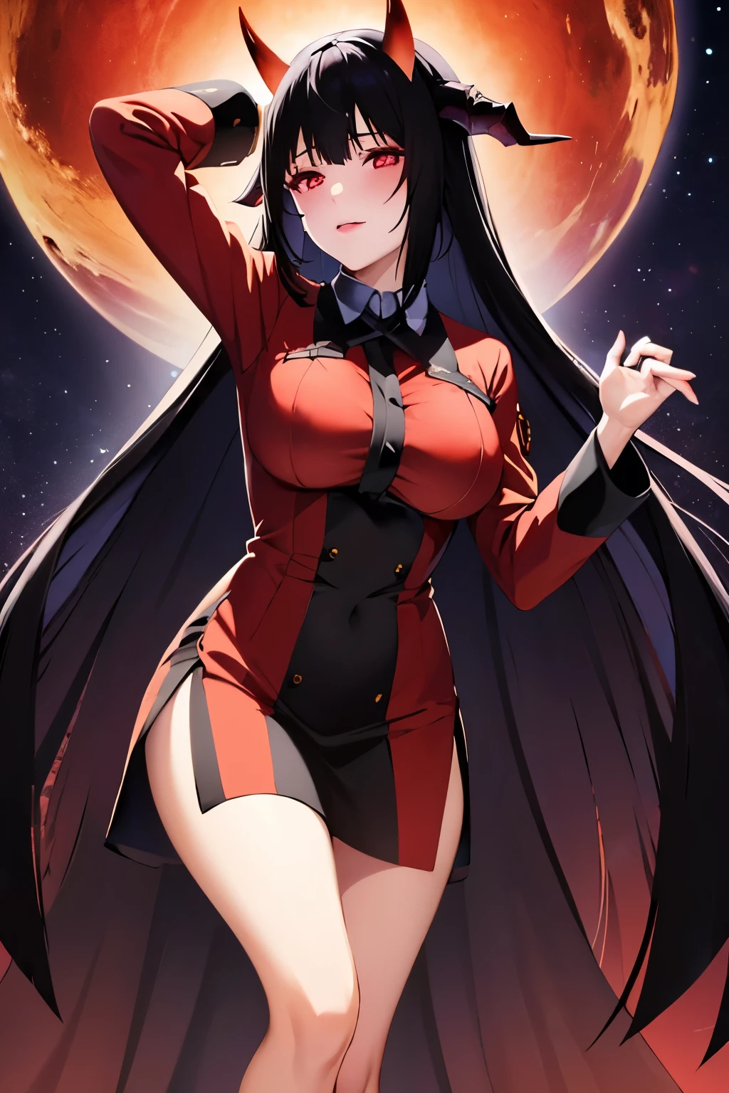 1 Girl, long black hair, red eyes, skin similar to a starry sky, cosmic Yumeko Jabami, cosmic background, red fire crown on her head, black and red tunic with long sleeves, torso, black horns on her head