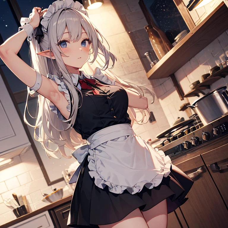 A maid, (in kitchen), various hair styles, night, details face, short skirt, seducing, sleeveless, maid uniform, armpits, elf