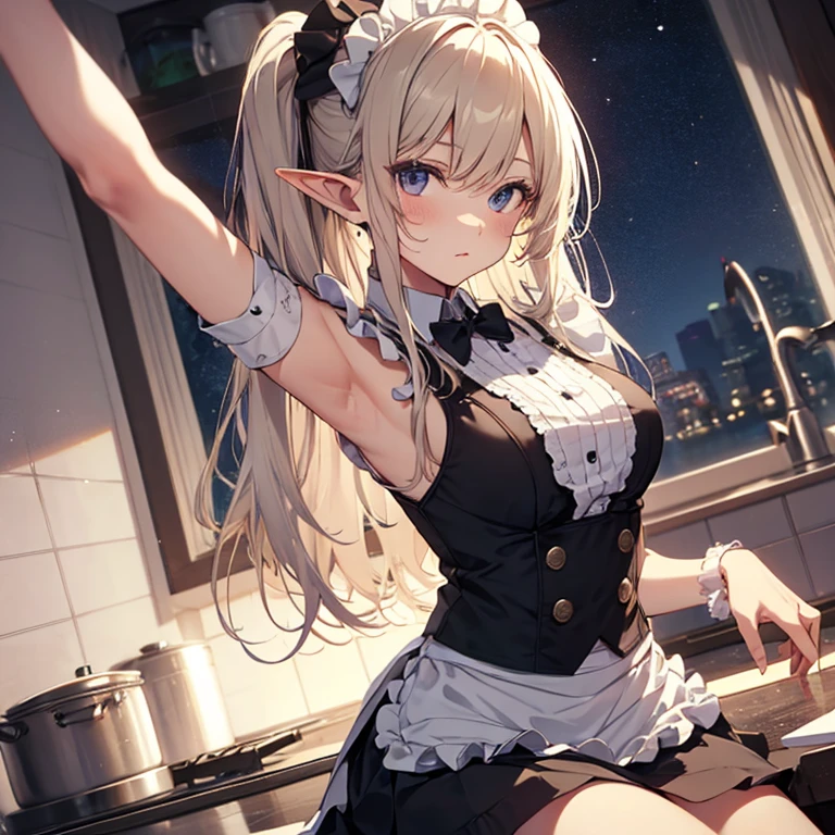 A maid, (in kitchen), various hair styles, night, details face, short skirt, seducing, sleeveless, maid uniform, armpits, elf