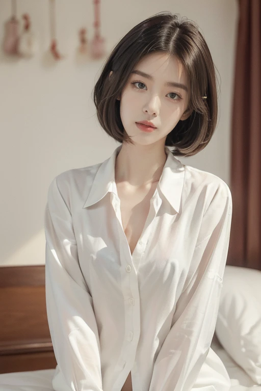 Nobara from jjk, realistic, age 25, pure white skin, brown pupils, light brown bob hair, front button blue shirt, perfect face, perfect shape body, above large breasts, clothes covered upper body, 3d .