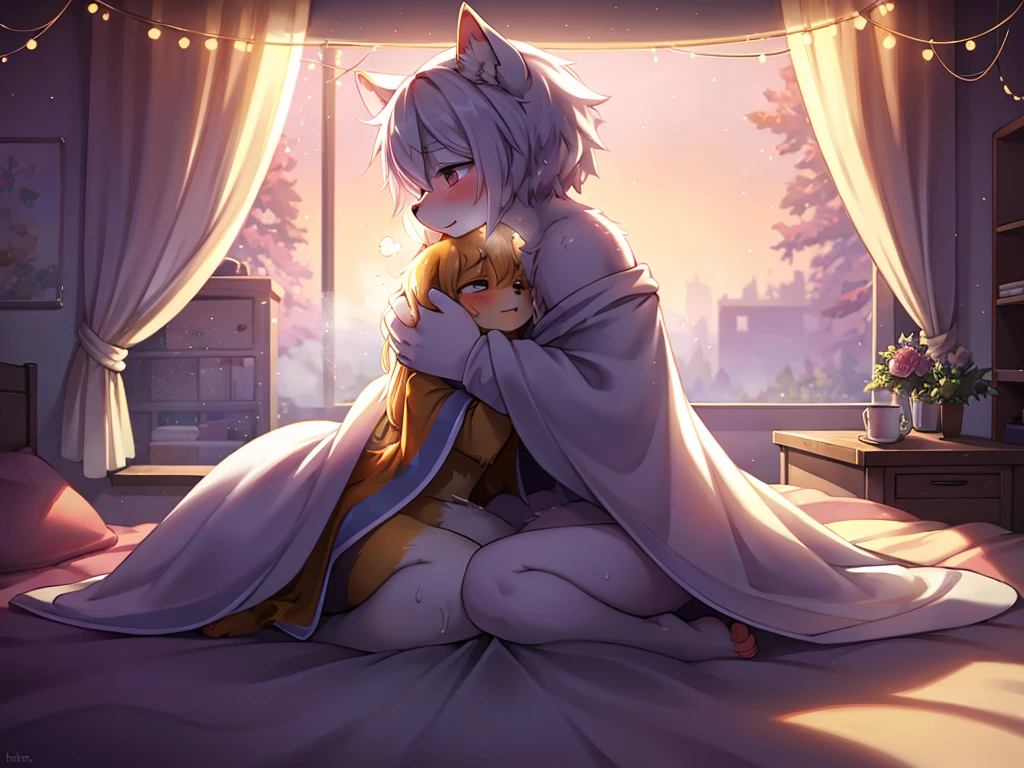 Hallucination, daydream , bokeh , couple , messy room , erotica , petting inside the blanket , steamy breath , hide body by blanket